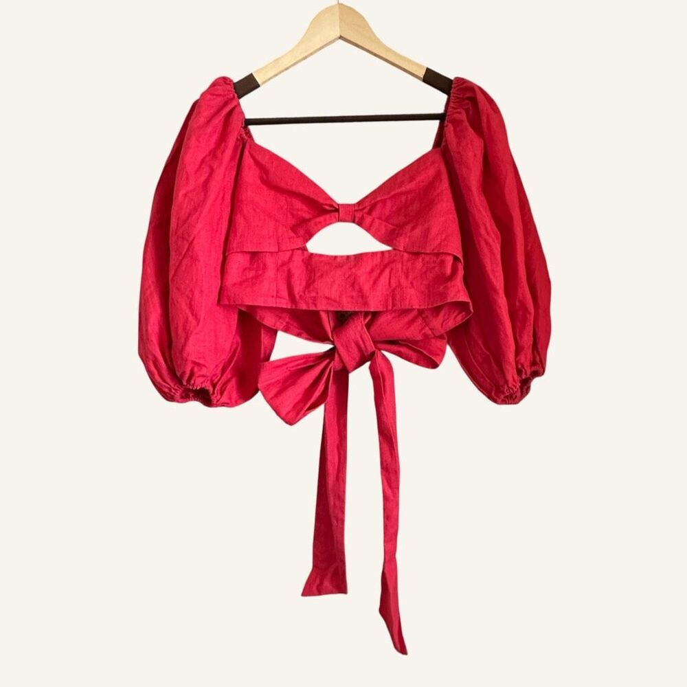 LPA Puff‎ Sleeve Linen Blend Crop Top Self Tie Bow Bold Red Size S
